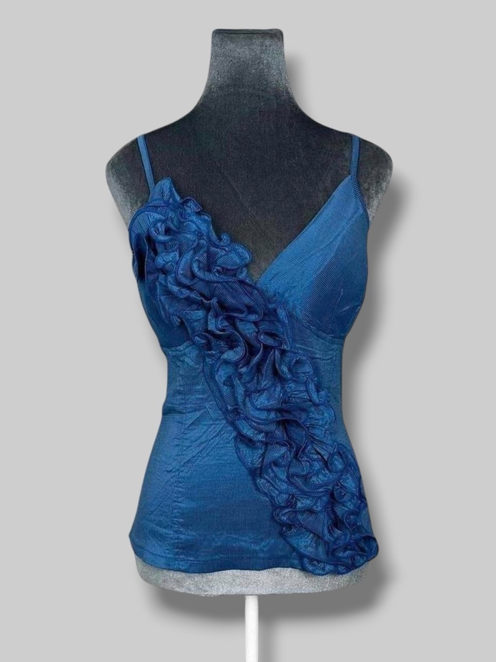 Poetry Asymmetrical 3D Ruffle Smocked Stretch Cami Top Large Blue Pinstripe